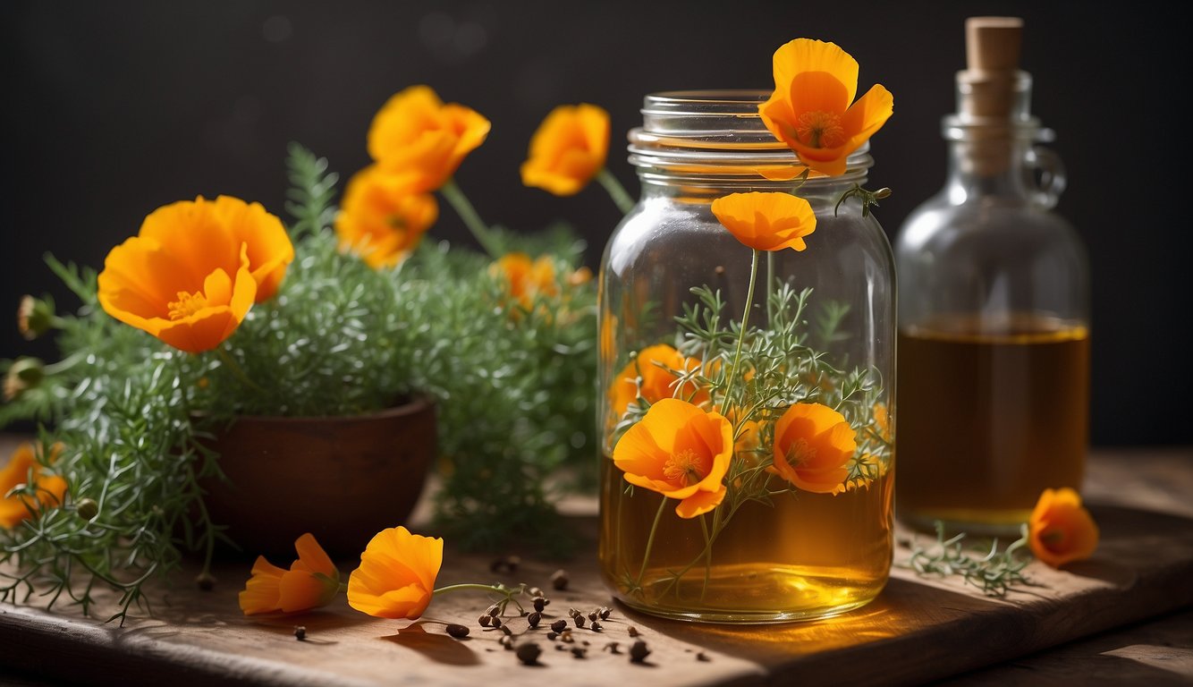 A glass jar filled with bright orange California poppy flowers soaking in alcohol, surrounded by dried herbs and a handwritten tincture recipe