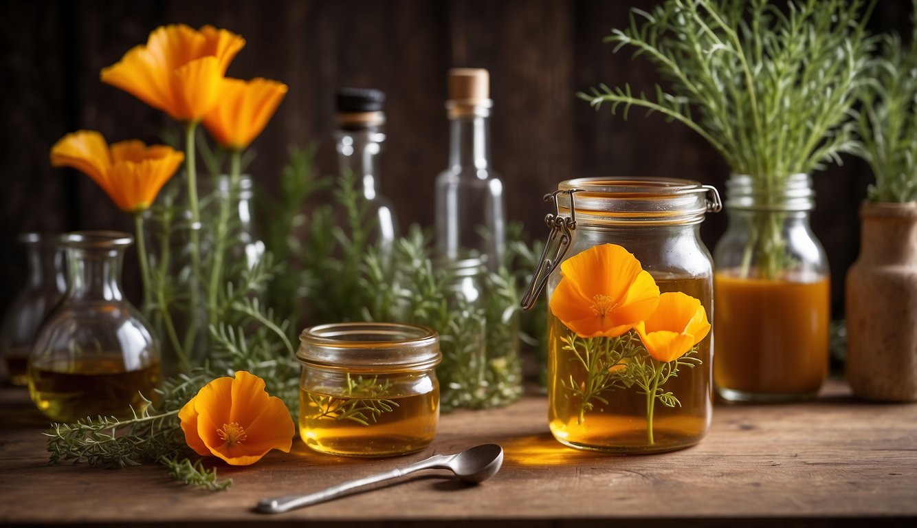 A glass jar filled with California poppy flowers and alcohol, sitting on a wooden table surrounded by various herbs and measuring tools