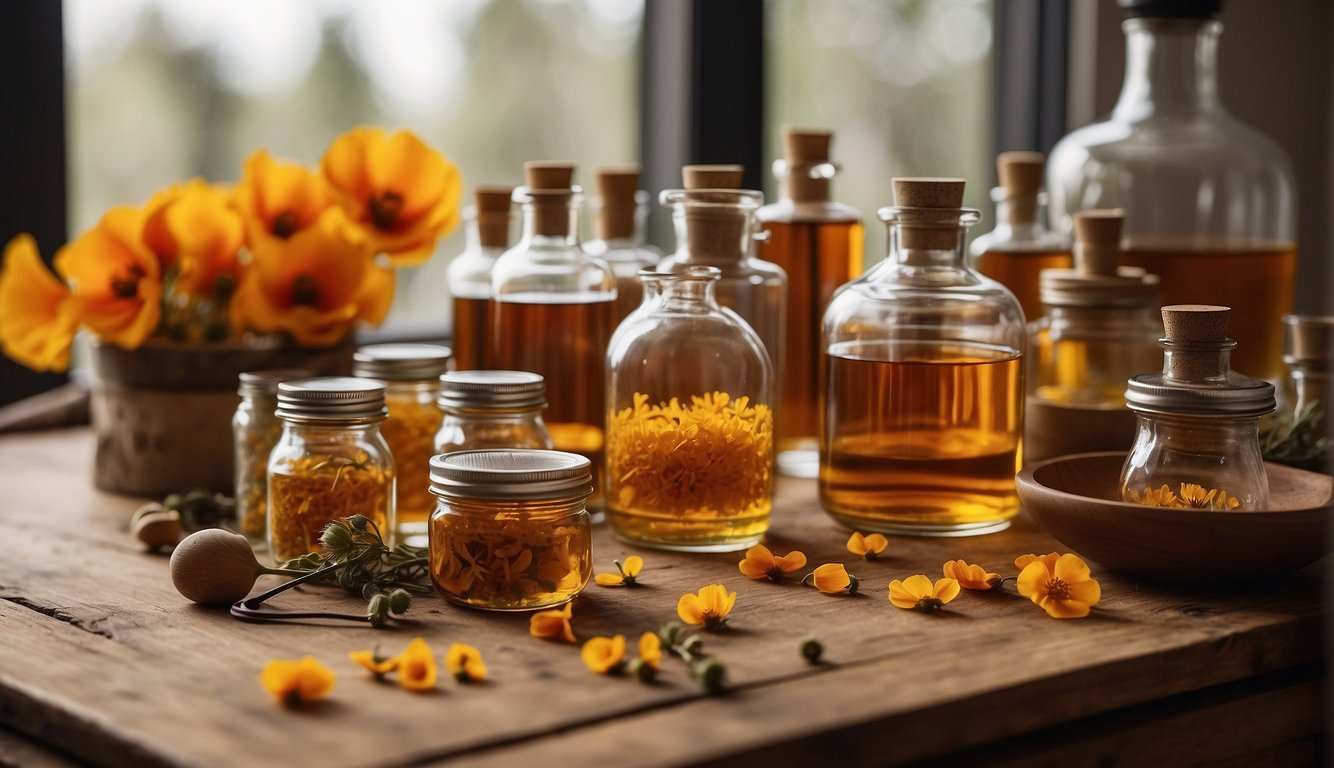 A table set with dried California poppy flowers, alcohol, and jars for making tincture. Labels and measuring tools are neatly arranged