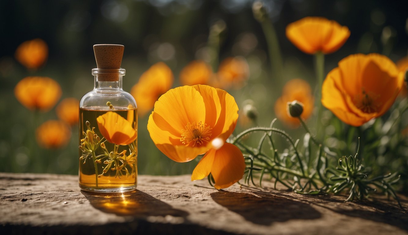 A dropper releasing California poppy tincture into a glass bottle