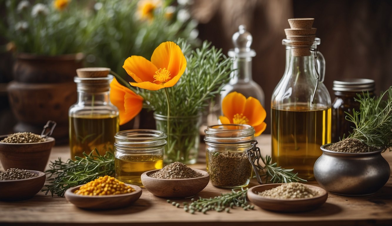A table with various herbs, bottles, and measuring tools. A clear, step-by-step recipe for making California poppy tincture is displayed nearby