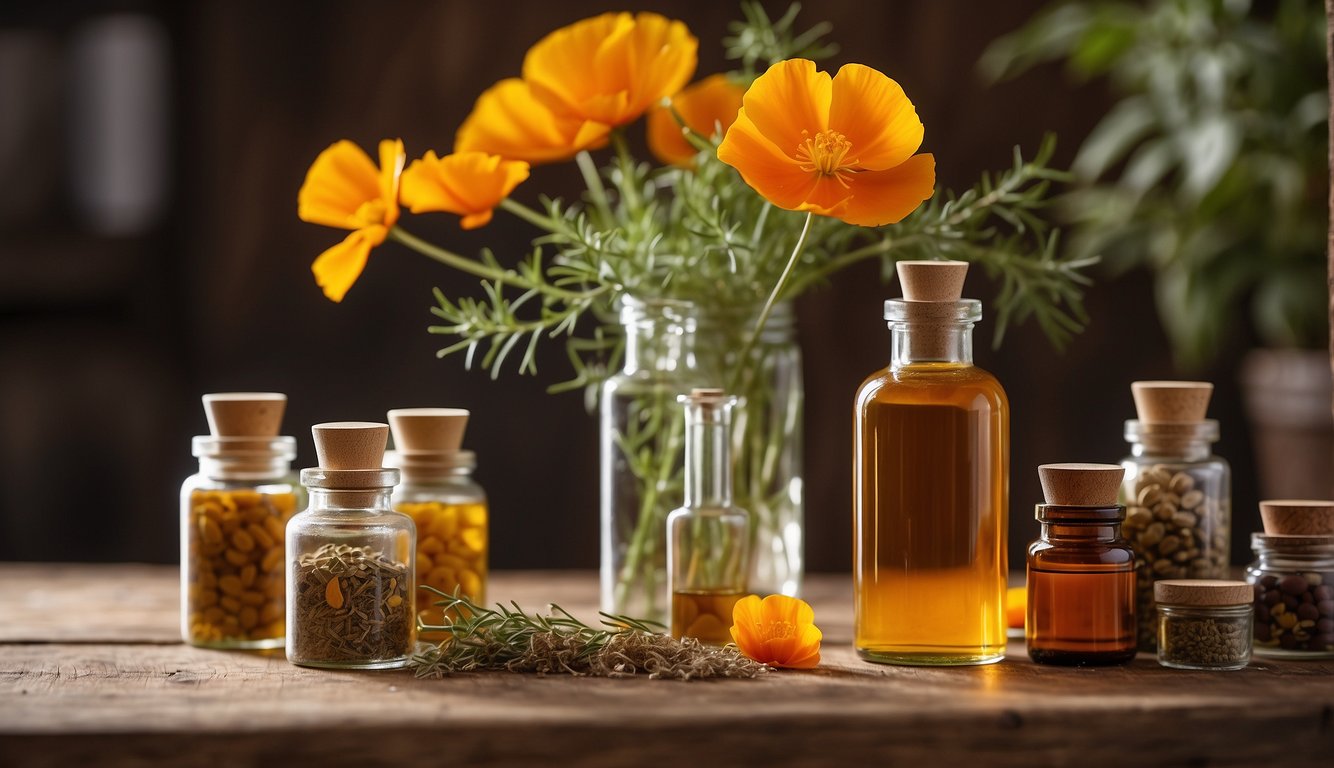 A glass bottle filled with bright orange california poppy tincture, surrounded by various dried herbs and supplements on a wooden table