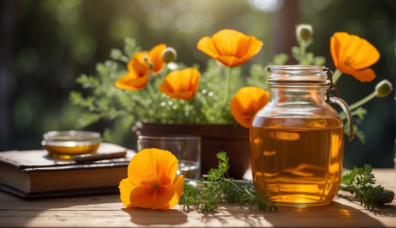 A glass jar filled with vibrant orange California poppy flowers and alcohol, sitting on a wooden table with scattered herb books and measuring tools