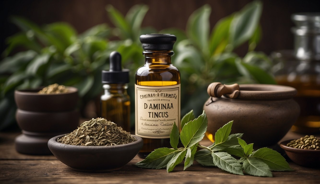 A vintage apothecary label for Damiana tincture, surrounded by dried Damiana leaves and a mortar and pestle