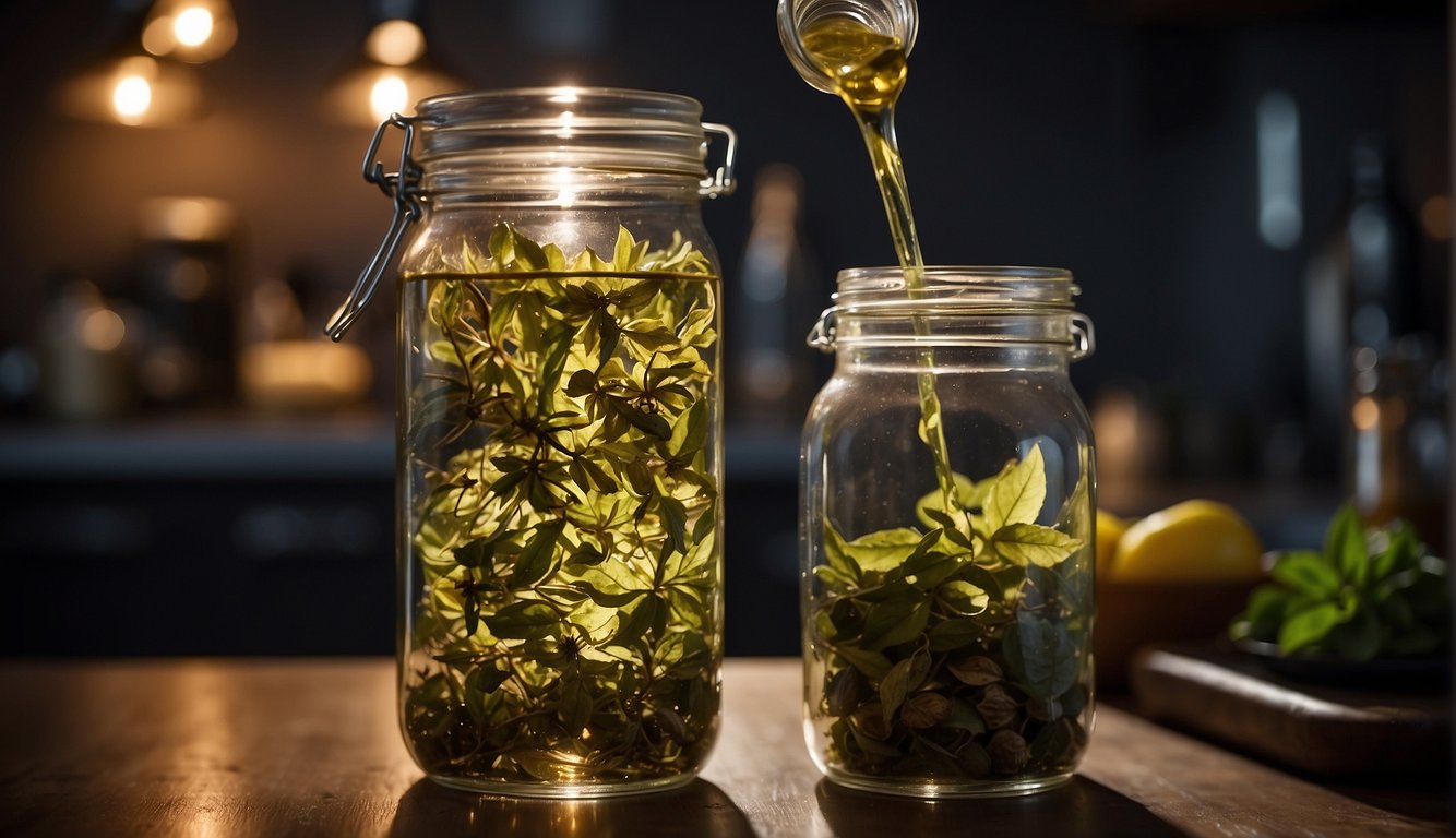 A glass jar filled with dried damiana leaves, being poured over with alcohol in a dimly lit kitchen