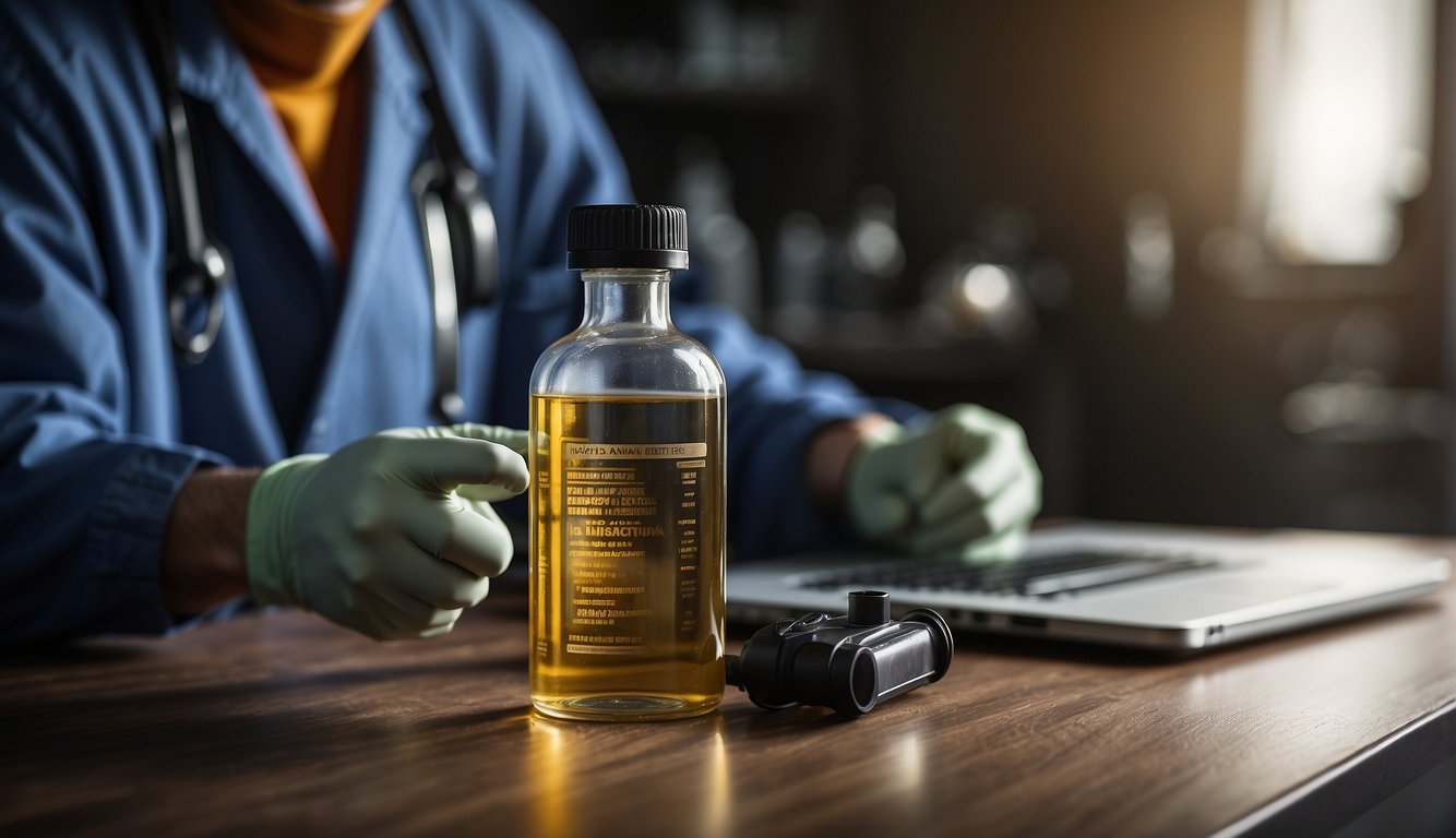 A hand holding a dropper bottle of damiana tincture, surrounded by safety goggles, gloves, and a well-ventilated workspace