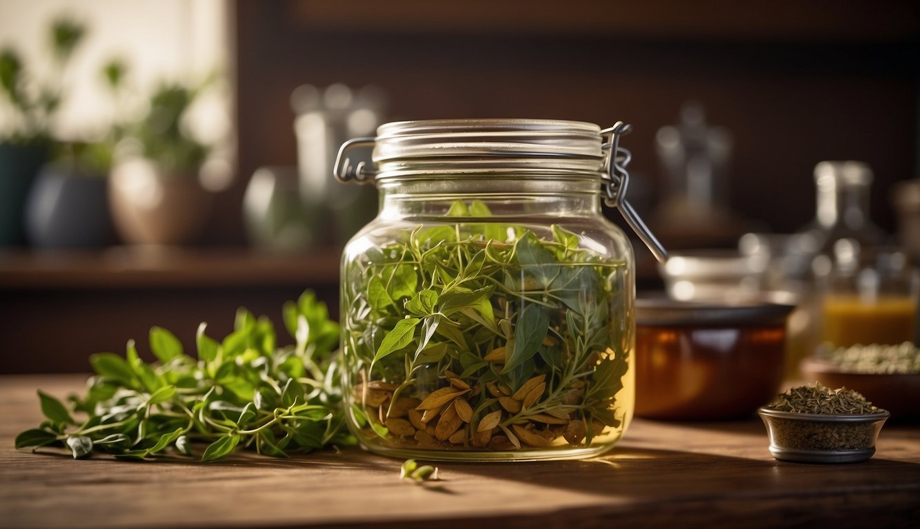 A glass jar filled with damiana leaves steeping in alcohol, surrounded by various herbs and spices on a wooden countertop