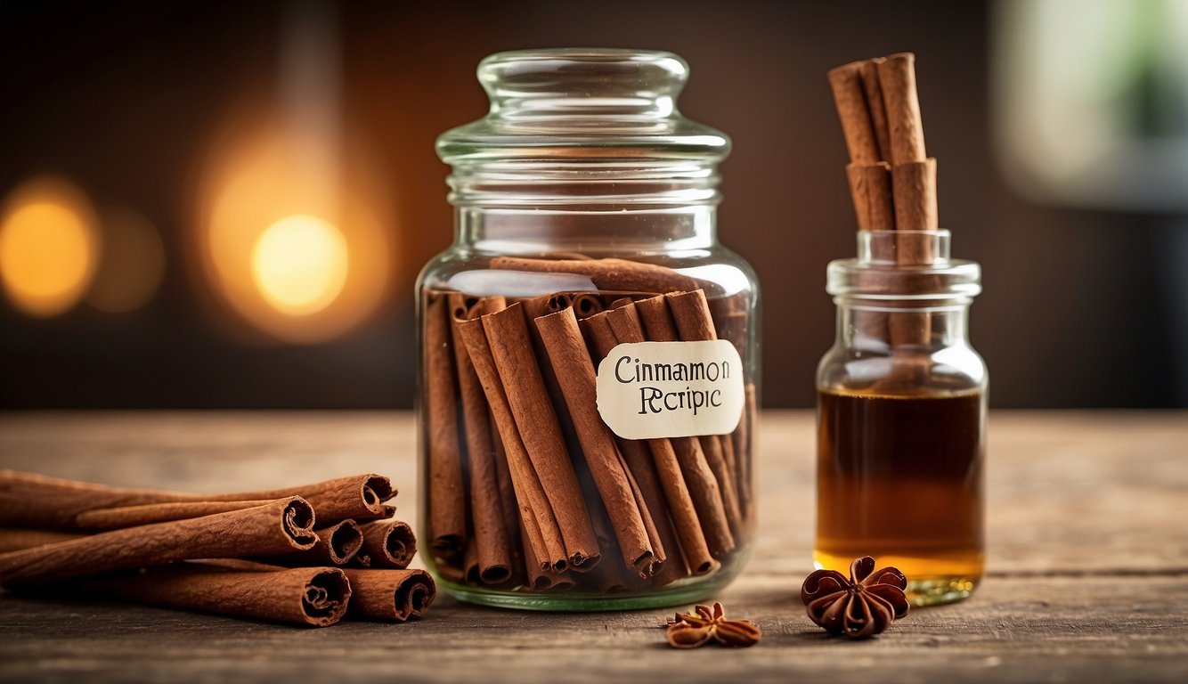 A glass jar filled with cinnamon sticks soaking in clear alcohol, labeled "Cinnamon Tincture Recipe." A dropper and measuring tools nearby