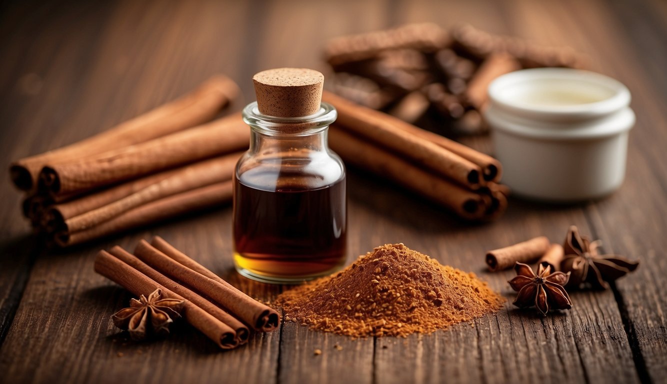 A glass bottle of cinnamon tincture surrounded by cinnamon sticks, vanilla beans, and cloves on a wooden surface