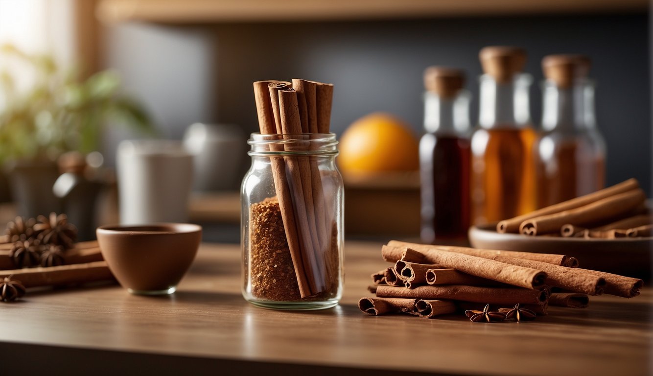 A glass jar filled with cinnamon sticks, a measuring cup, and a dropper bottle on a clean, well-lit countertop