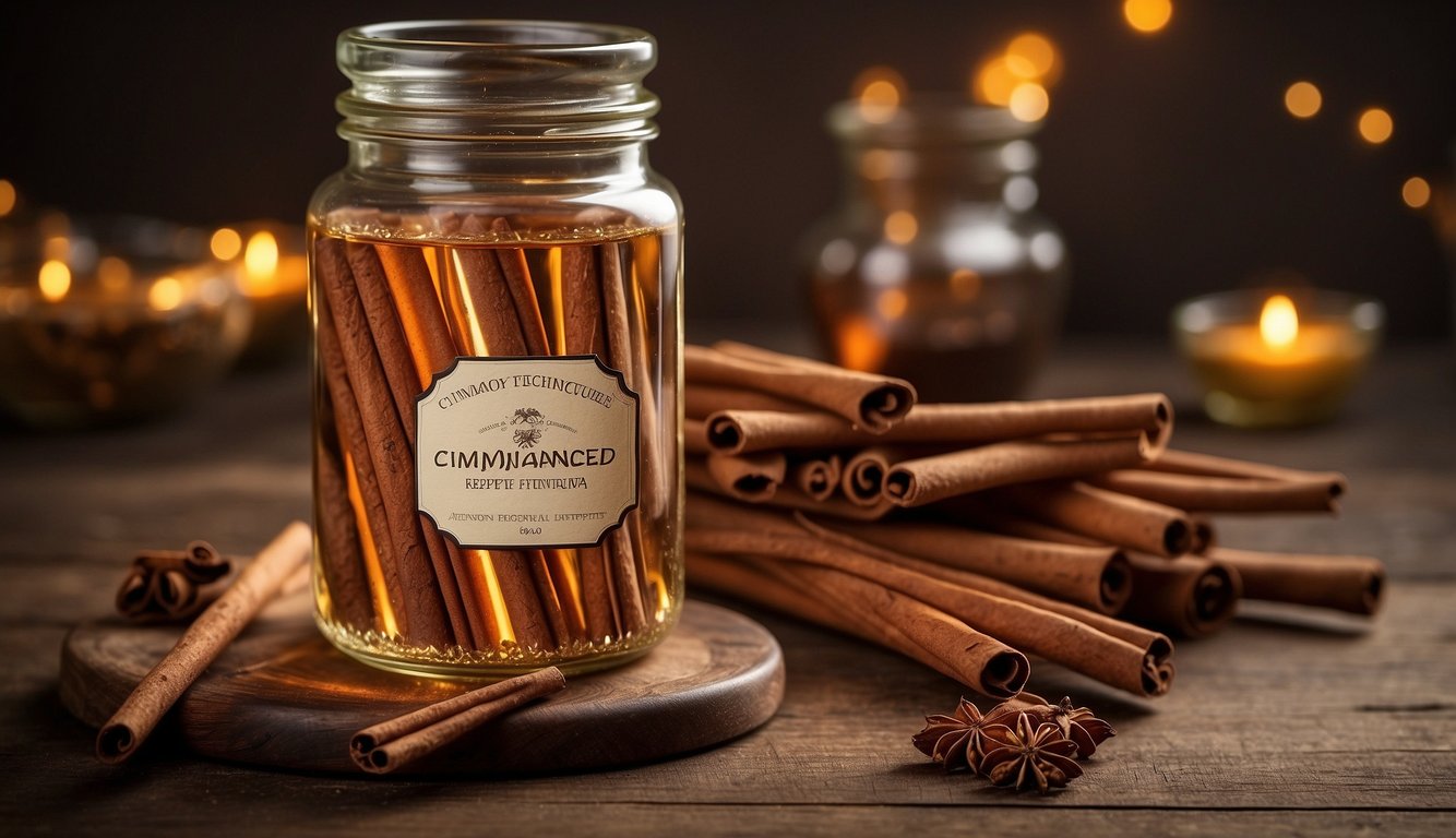 A glass jar filled with cinnamon sticks submerged in clear alcohol, with a label reading "Advanced Techniques Cinnamon Tincture Recipe"