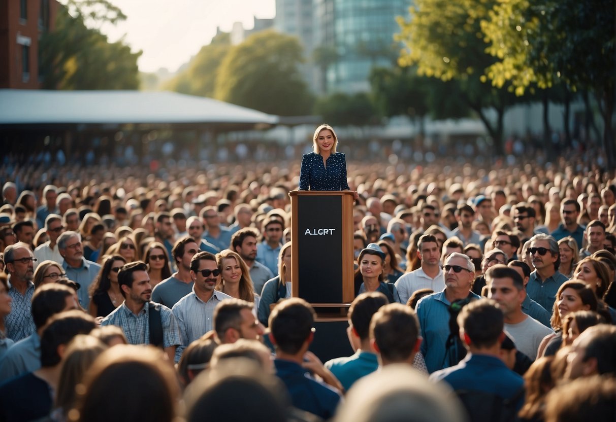 An empty podium labeled "Alexa" stands behind a bustling crowd surrounding a podium labeled "Chatgpt." The crowd eagerly engages with Chatgpt while Alexa remains unnoticed