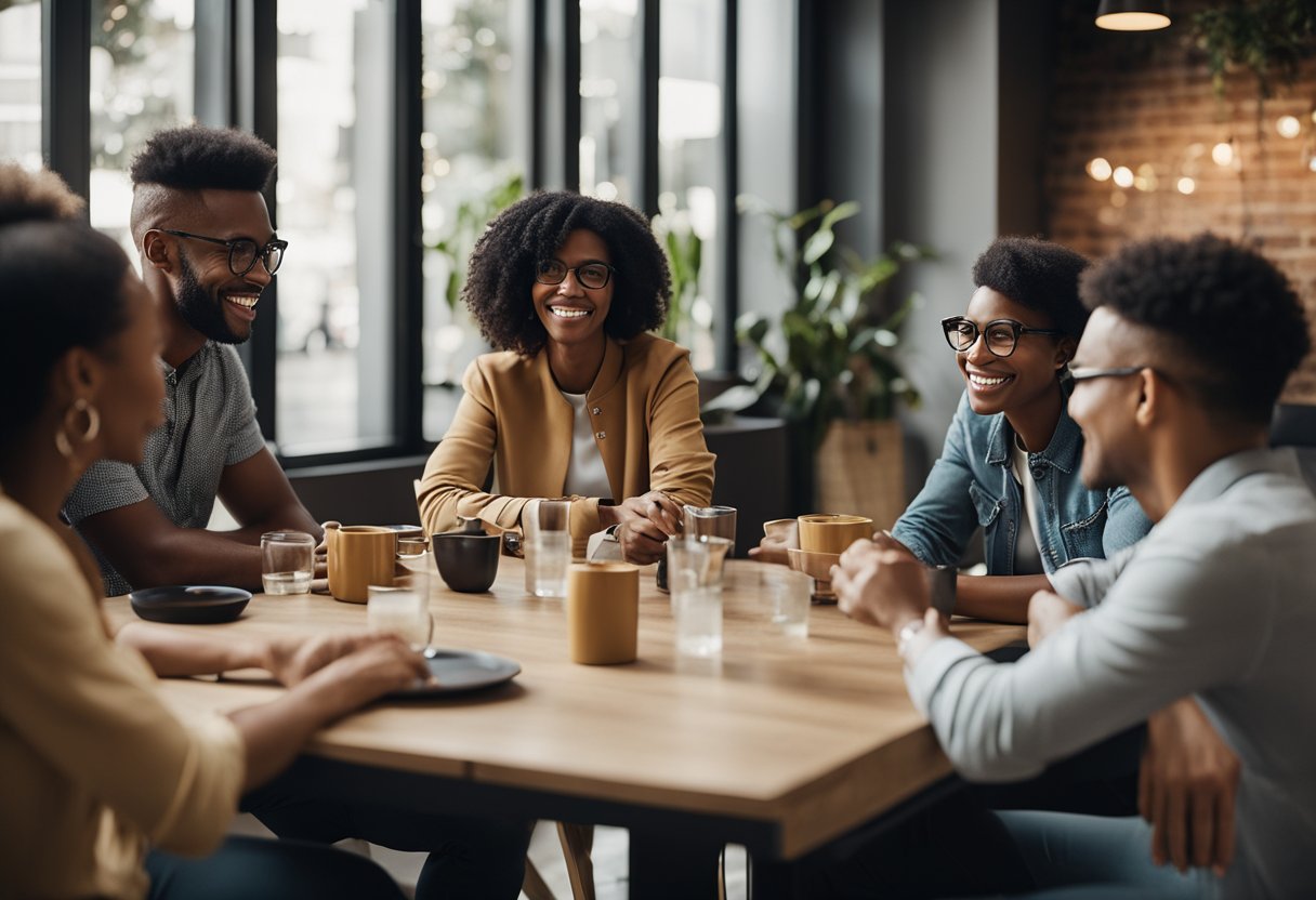 A group of diverse individuals gather around a table, engaged in lively conversation and exchanging ideas. A sense of support and community is evident as they collaborate on a blogging platform