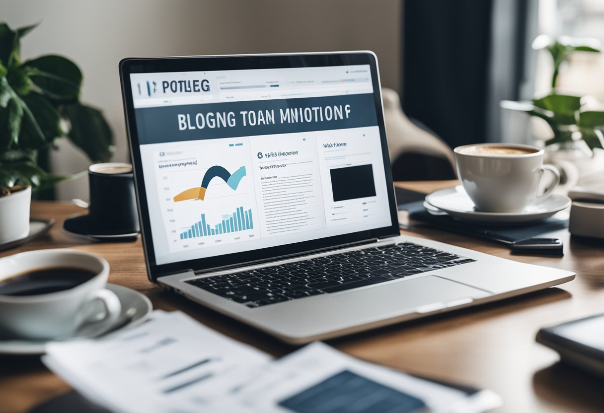 A laptop with various blogging platforms on the screen, surrounded by a notepad, pen, and a cup of coffee. Graphs and charts showing different factors to consider for monetization potential