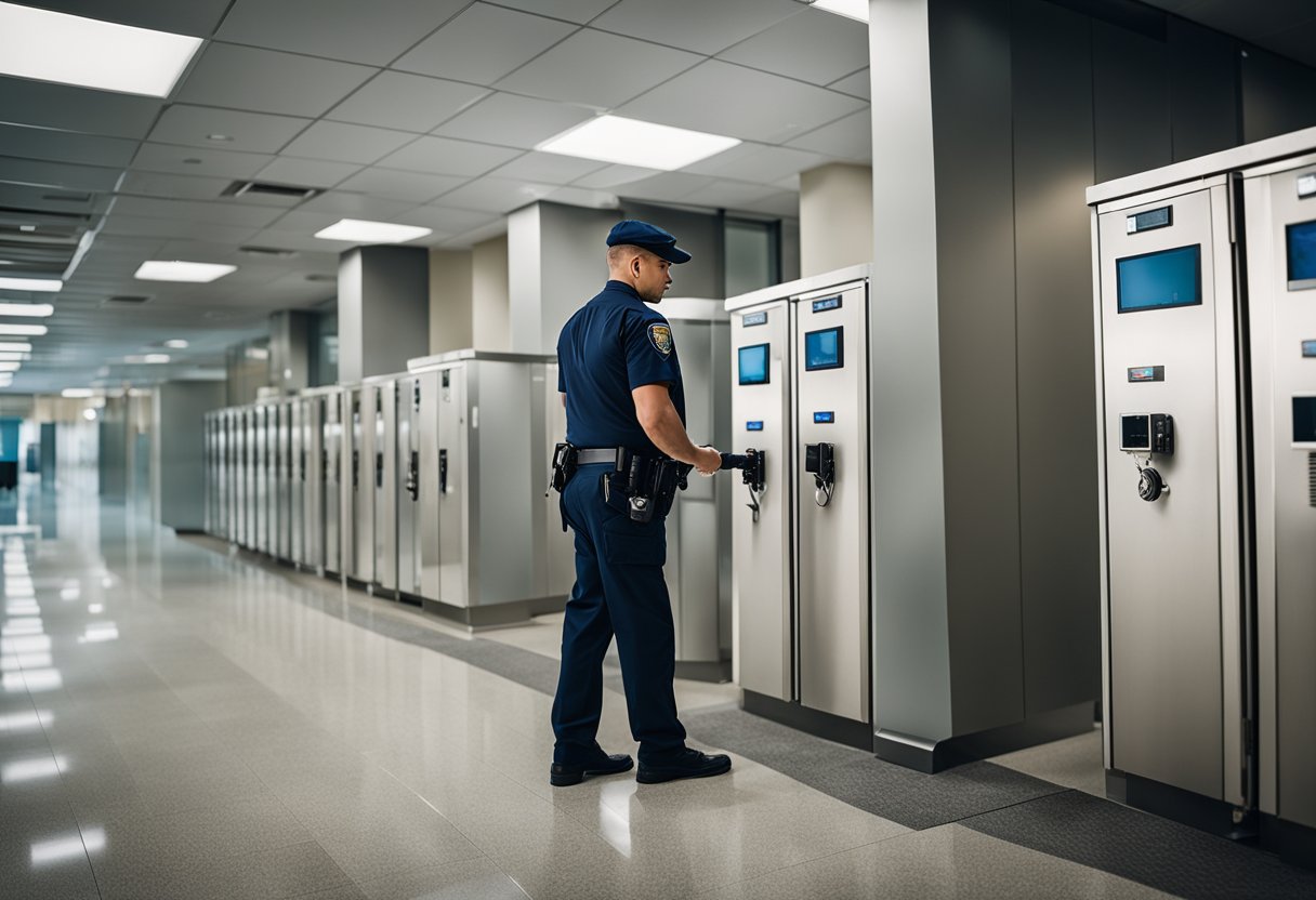 A security guard patrols a well-maintained facility, checking locks and monitoring surveillance cameras. The building is equipped with advanced security systems and regular maintenance is evident throughout the premises