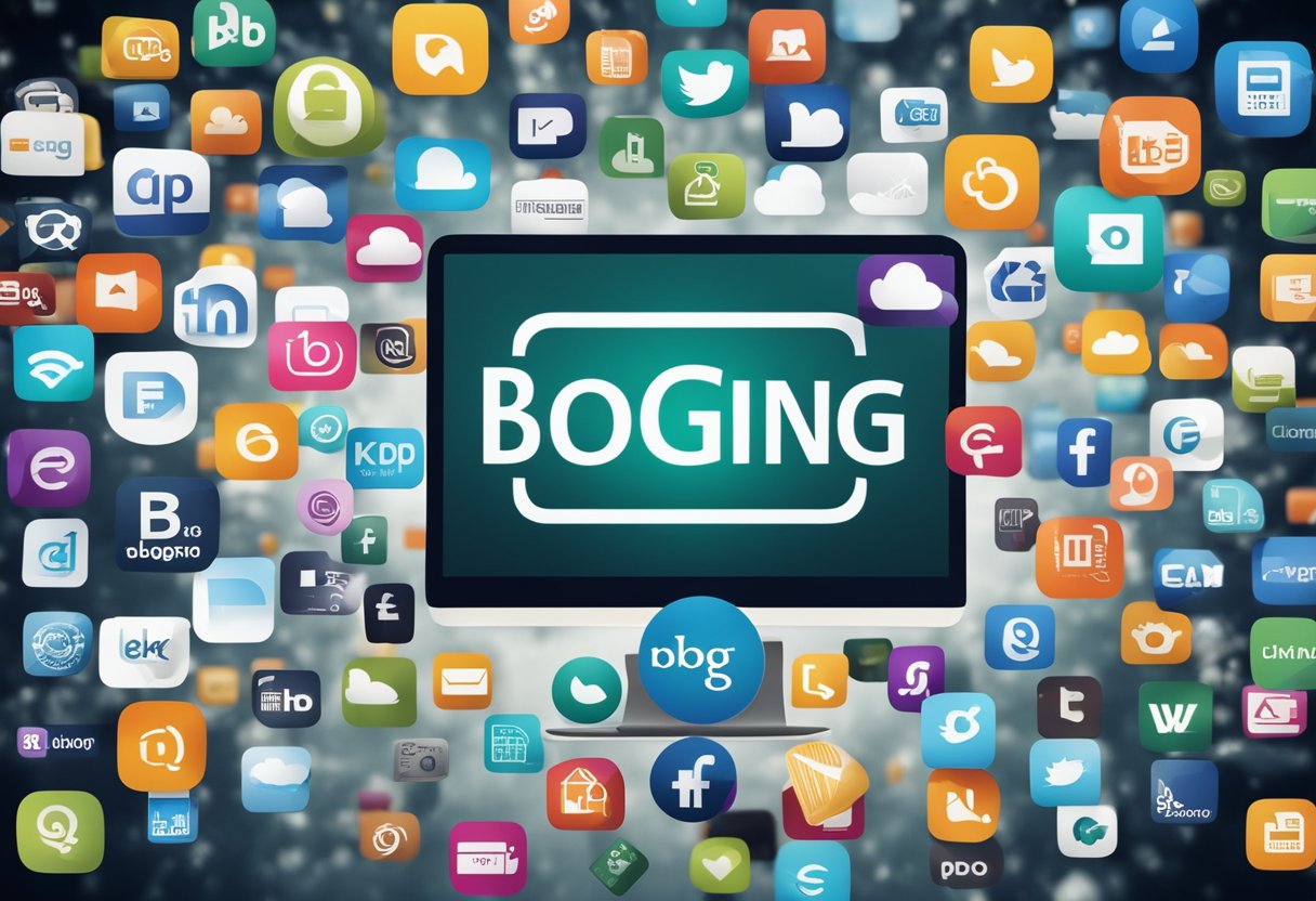 A computer screen with various blogging platform logos, surrounded by factors like user base, customization, and SEO capabilities