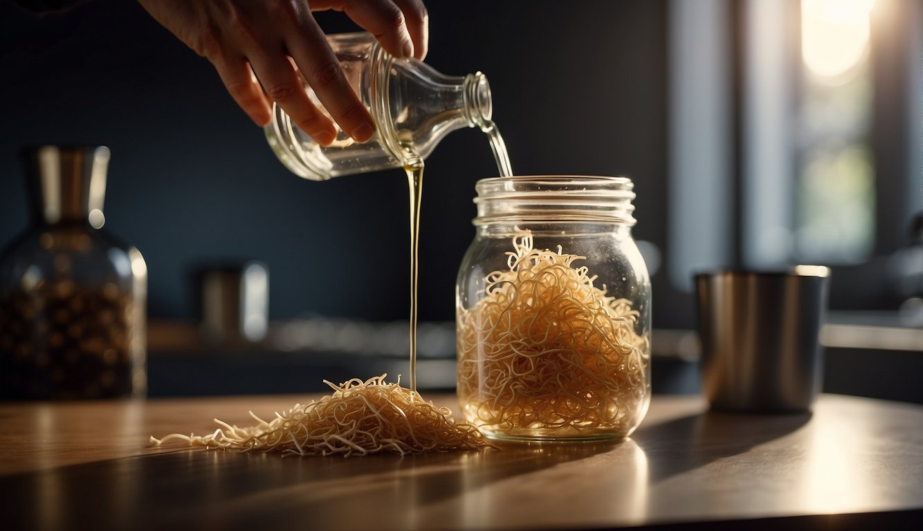 A hand pours chopped ginseng root into a glass jar. Vodka is added, and the jar is sealed. The mixture is left to infuse for several weeks