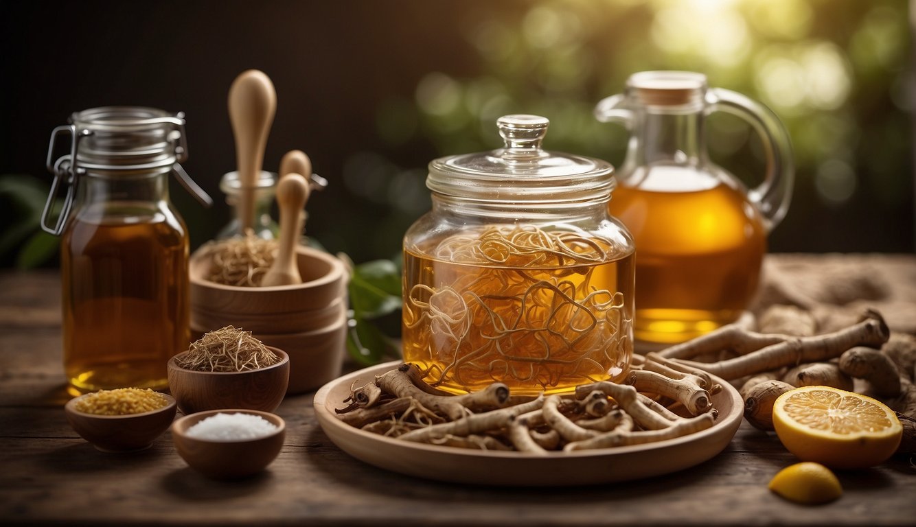 A glass jar filled with ginseng roots and alcohol, accompanied by measuring spoons and a dropper. Optional ingredients like honey and citrus peels nearby