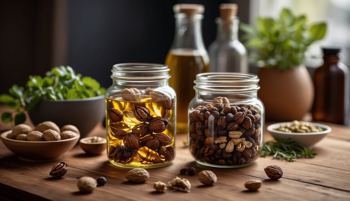 A glass jar filled with black walnut shells soaking in alcohol, surrounded by various herbs and ingredients on a wooden countertop