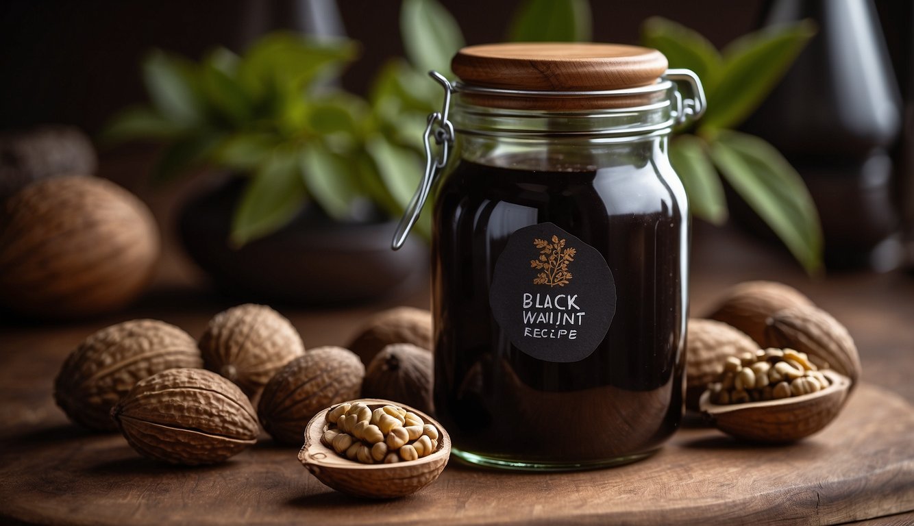 A glass jar filled with black walnut shells soaking in alcohol, with a label reading "Black Walnut Tincture Recipe"
