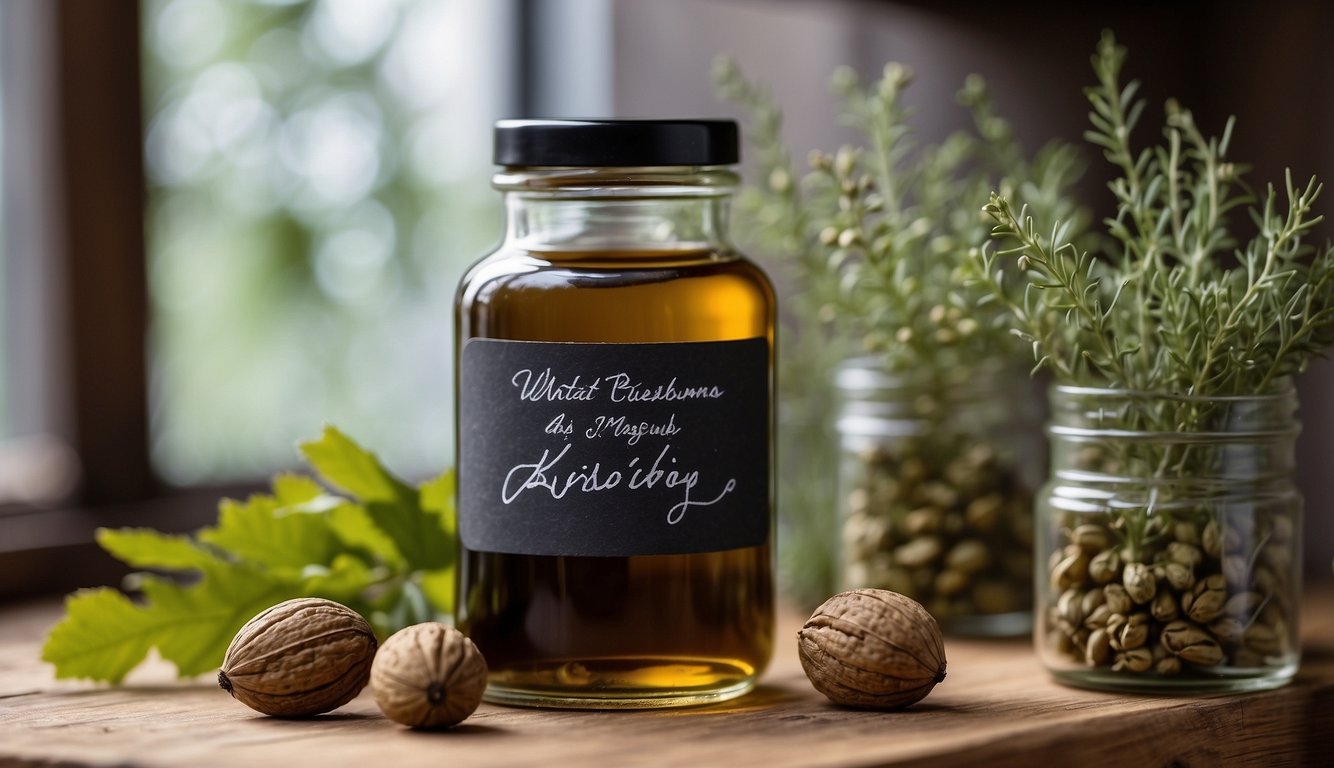 A glass jar filled with black walnut tincture sits on a wooden shelf surrounded by dried herbs and labeled with a handwritten tag