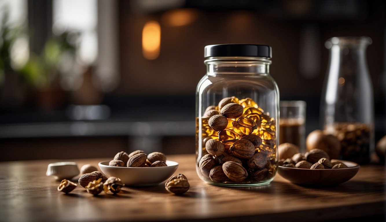 A glass jar filled with black walnut shells soaking in alcohol, labeled with ingredients and instructions