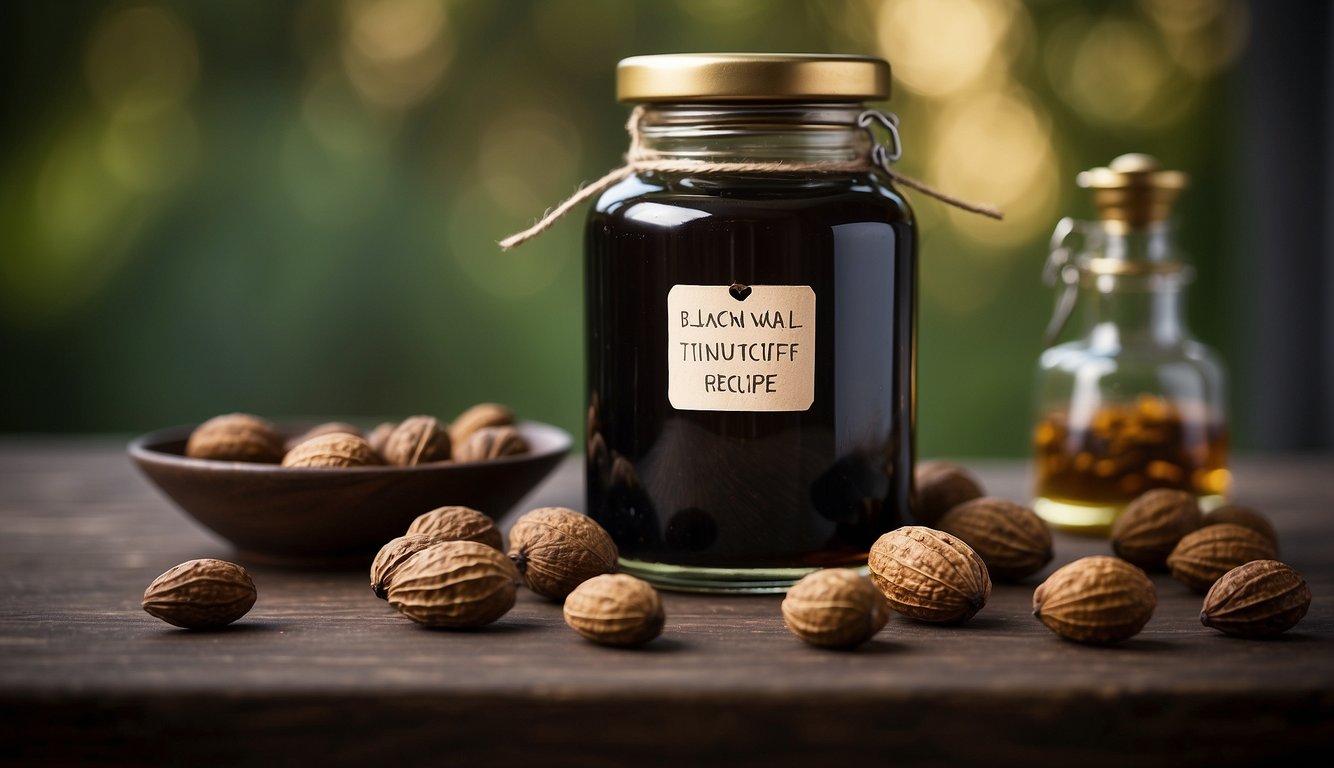 A glass jar filled with black walnut shells soaking in alcohol, labeled "Black Walnut Tincture Recipe." A dropper sits nearby