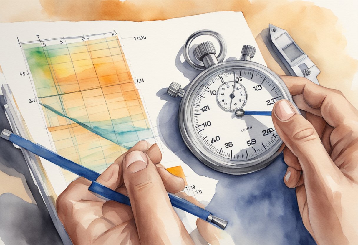 A hand holding a stopwatch while a ruler measures the distance of a moving object. A chart with "FAST Strategy" is displayed in the background