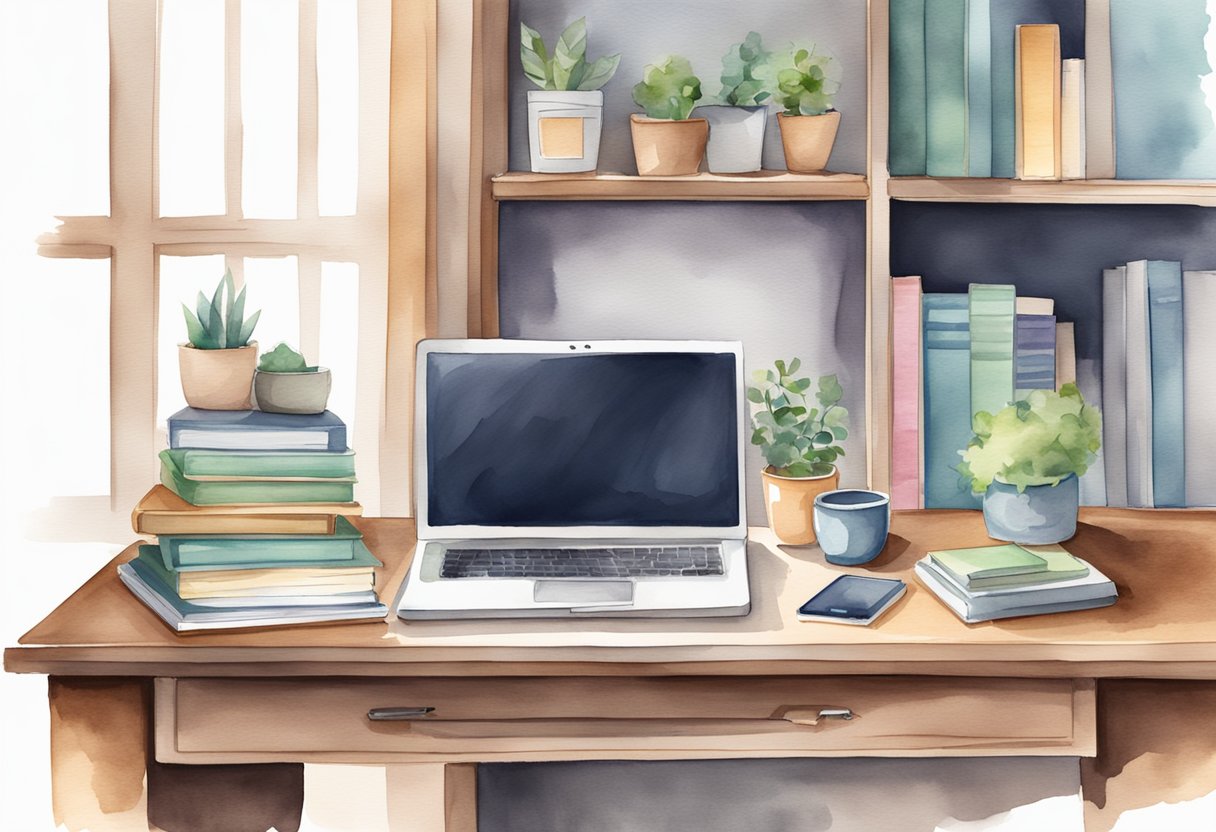 A desk with a laptop, notebook, and pen. A bookshelf with business and writing guides. A clean, organized workspace