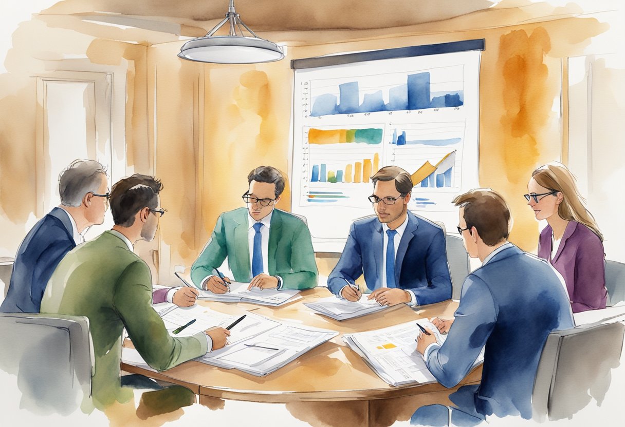 A group of professionals sit around a conference table, discussing a document titled "Understanding Your Audience Writing Style Guide for Business." The room is filled with charts, graphs, and writing utensils, indicating a collaborative and analytical environment