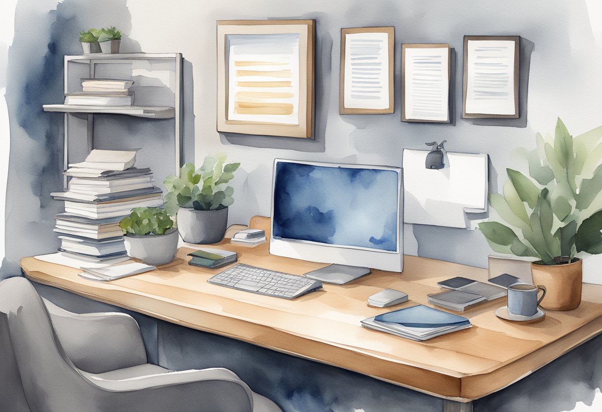 A sleek, modern office desk with a laptop, notepad, and pen. A bookshelf filled with business writing guides and a framed "Principles of Business Writing" poster on the wall