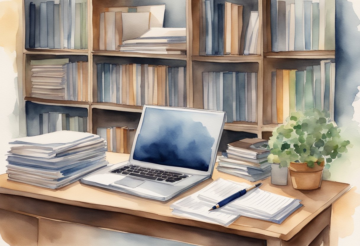 A desk with a neatly organized stack of papers, a laptop, and a pen. A bookshelf in the background filled with business-related books