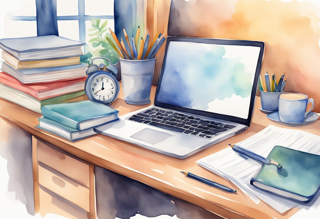 A desk with a laptop, notebook, and pen. A bookshelf with business guides. A wall calendar and clock. Clean, organized workspace