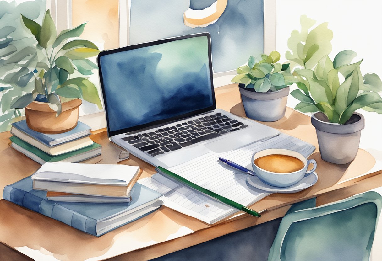 A cluttered desk with a laptop, notebook, and pen. A wall calendar and a stack of business books. A mug of coffee and a potted plant