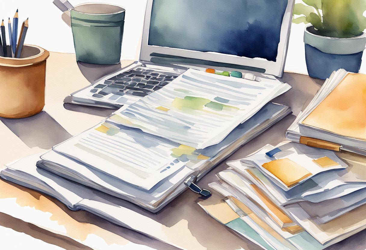 A desk cluttered with papers, a laptop, and a style guide book open to a page titled "The Revision Process Writing Style Guide for Business"