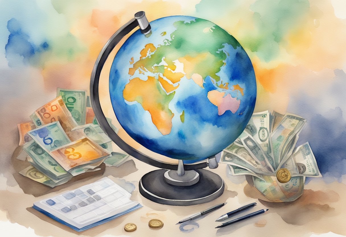 A globe surrounded by diverse currency symbols, with a pen and notebook open to a style guide