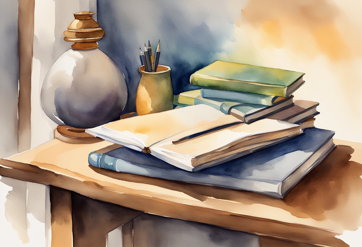 A stack of books on a wooden desk with a pen and notebook open. A lamp illuminates the scene, casting a warm glow