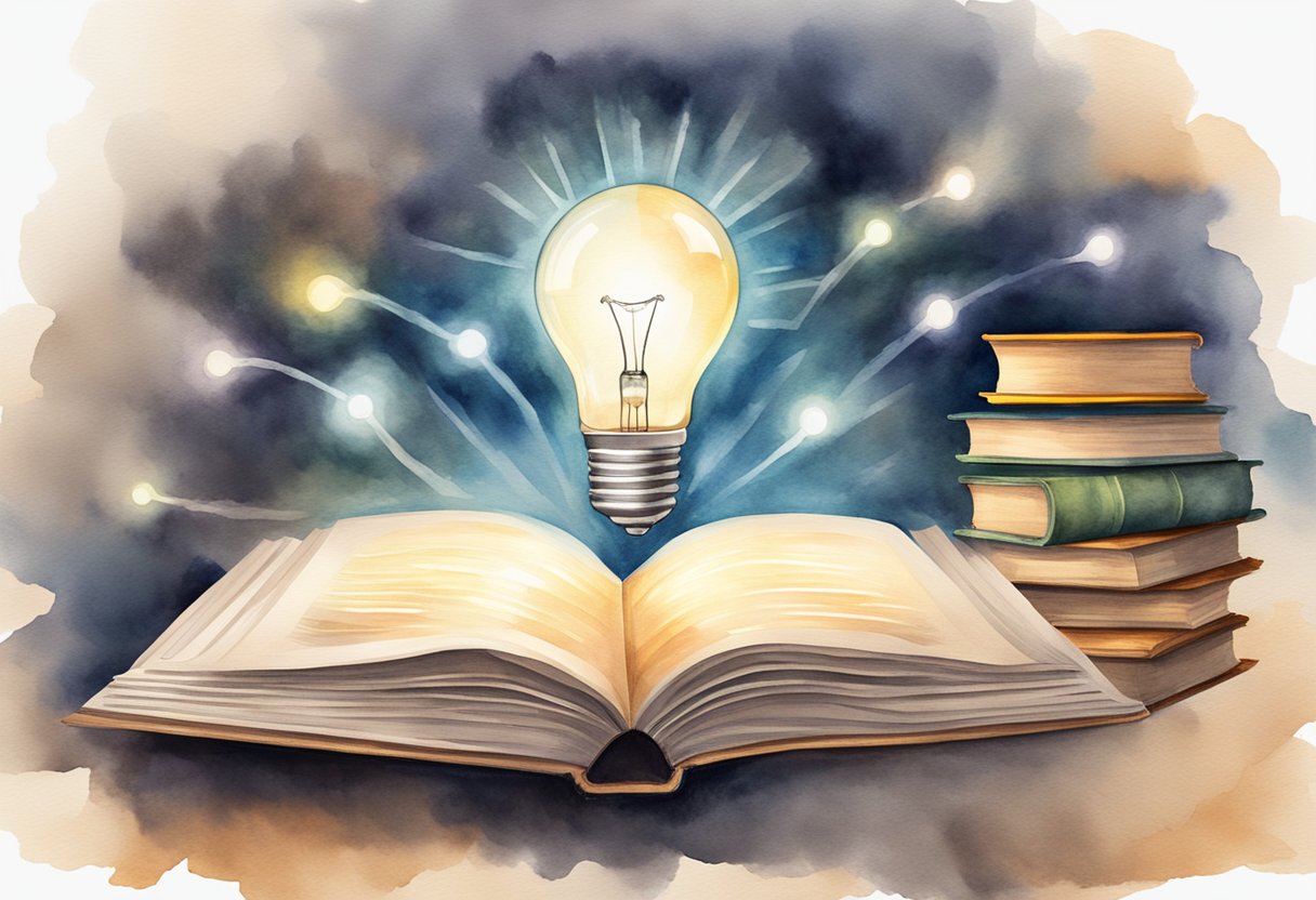 A large open book with a glowing light bulb hovering above it, surrounded by smaller books radiating lines of knowledge