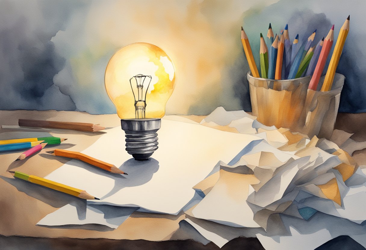 A blank page with a glowing lightbulb hovering above, surrounded by scattered pencils and crumpled papers