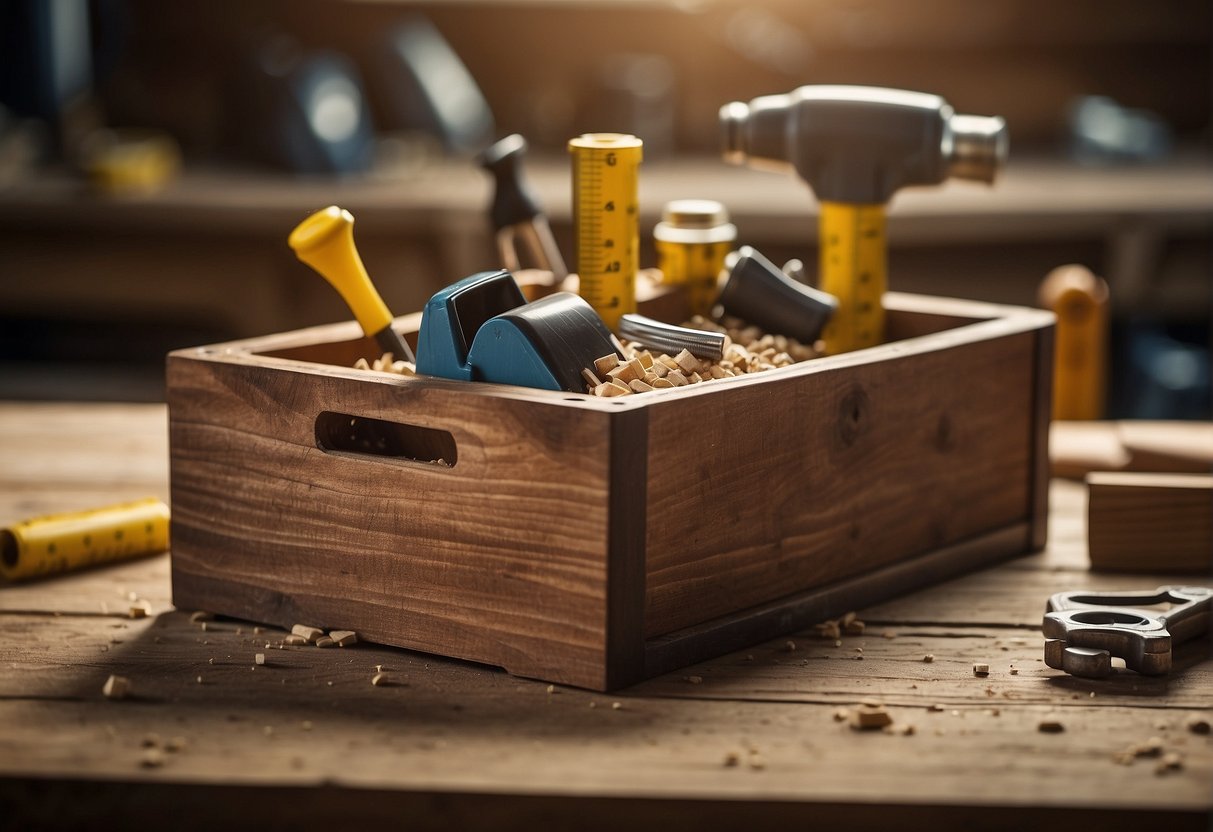 A wooden planter box with measuring tape, saw, hammer, nails, wood glue, and sandpaper on a workbench