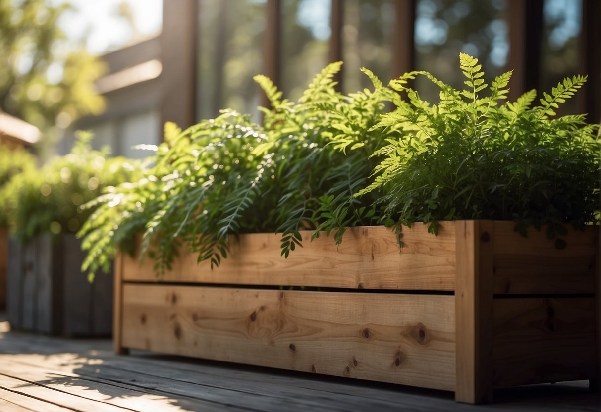 A wooden planter box sits on a patio, filled with vibrant green plants. Sunlight filters through the leaves, casting dappled shadows on the wood