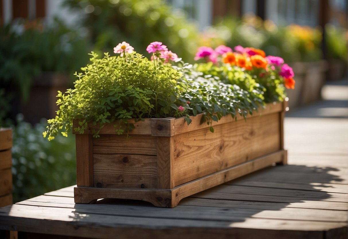 A wooden planter box sits on a sunny patio, filled with vibrant flowers and greenery. The wood is weathered and aged, adding character to the scene