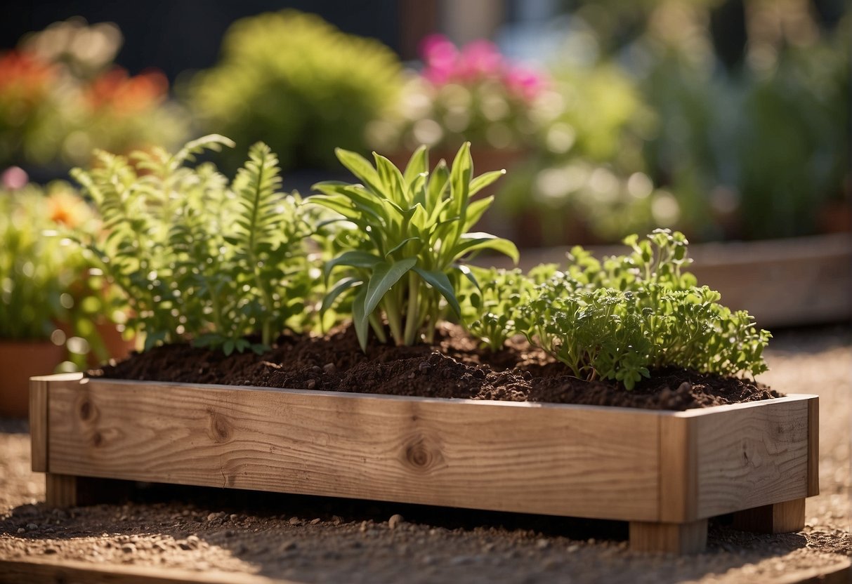 A wooden planter box is placed on the ground, with soil being poured into it and a variety of plants being carefully planted inside