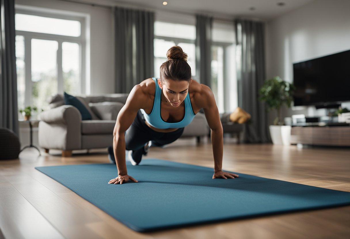 A person exercising in a home setting with focus on abdominal muscles. No humans or body parts visible