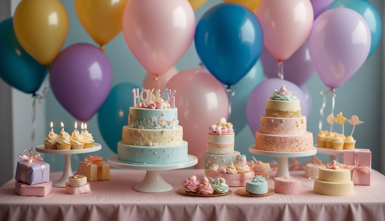 A table set with pastel-colored decorations, a tiered cake adorned with baby-themed toppers, surrounded by gifts and balloons Baby Shower Cake Ideas