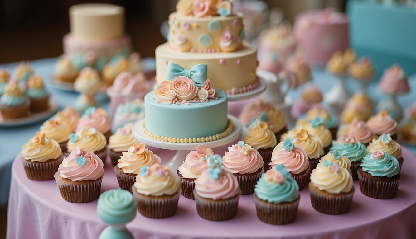 A table adorned with a variety of specialty baby shower cakes, each intricately decorated with pastel colors and delicate designs, creating a sweet and festive display Baby Shower Cake Ideas