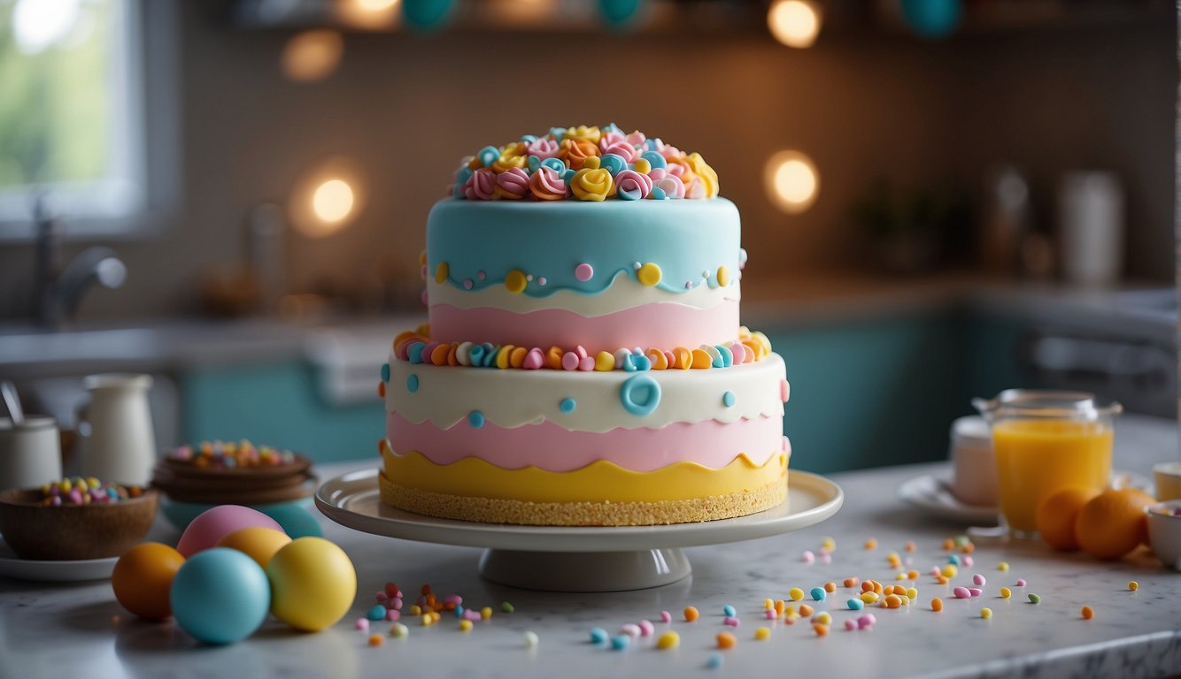 A colorful baby shower cake being decorated with icing, sprinkles, and fondant decorations on a clean, well-lit kitchen counter Baby Shower Cake Ideas