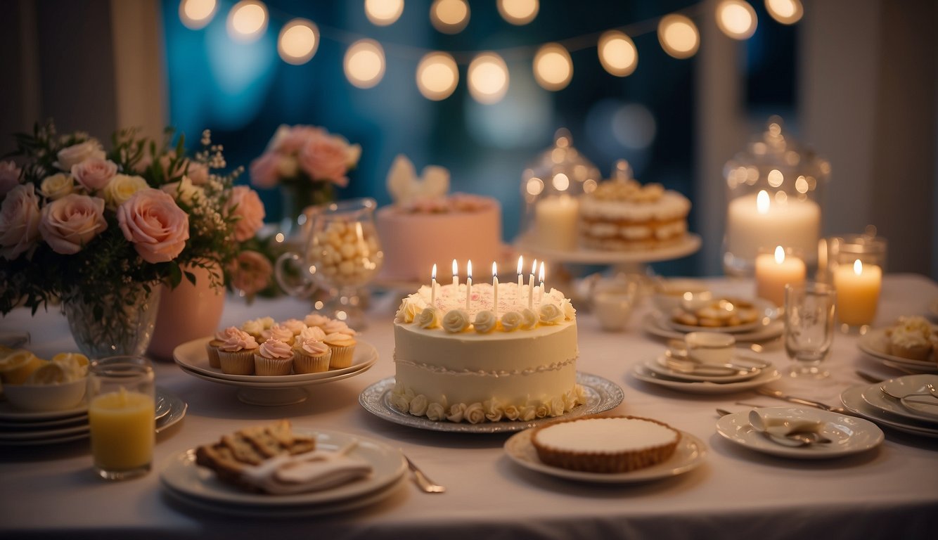 Guests gather around a beautifully decorated table with a cake, gifts, and baby-themed decorations. A banner with "Baby Shower" hangs in the background