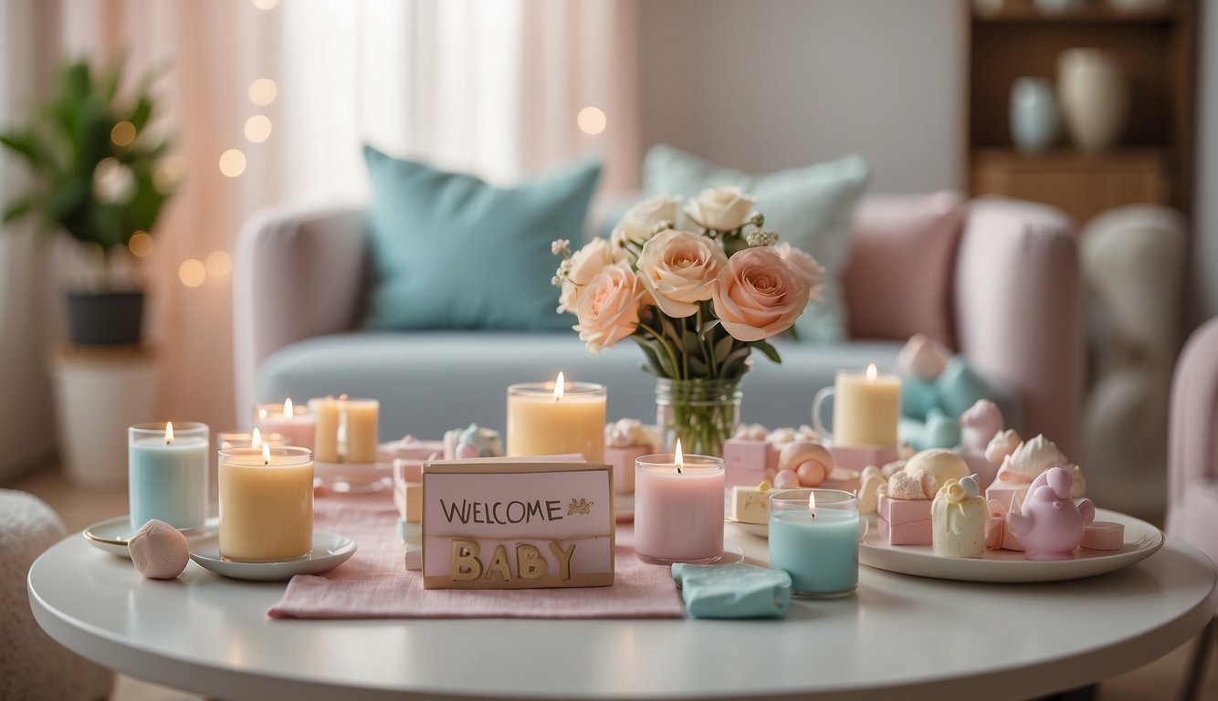 A table adorned with pastel decorations, baby-themed centerpieces, and a banner reading "Welcome Baby" in a cozy living room setting
