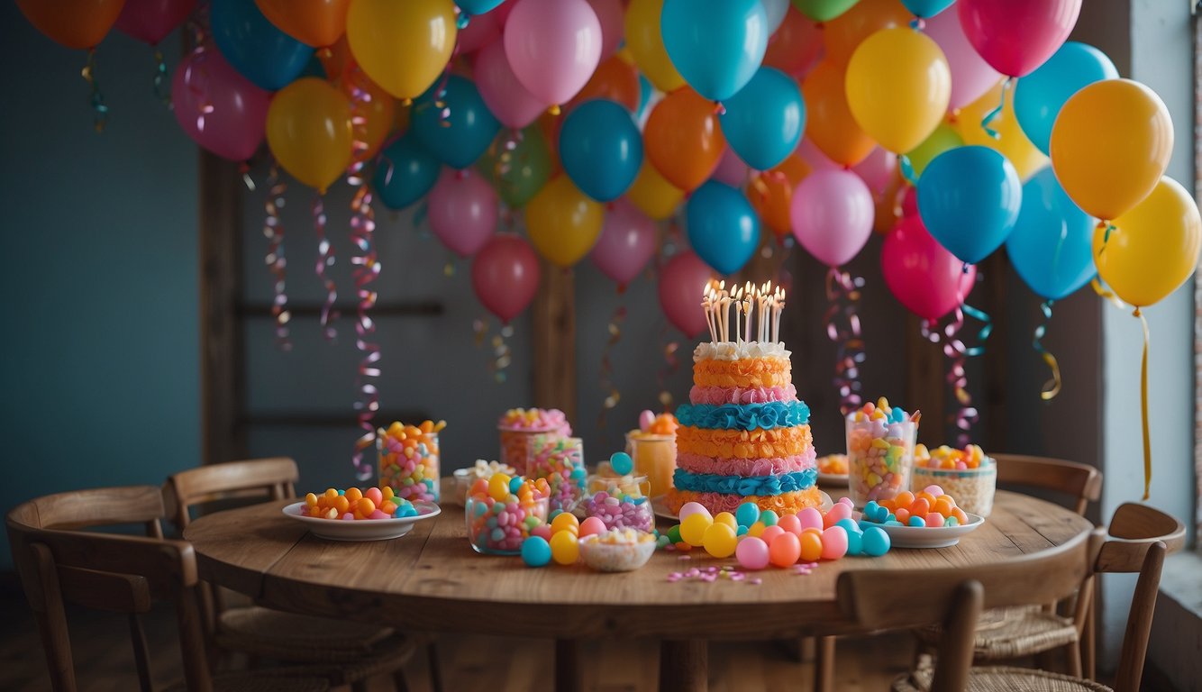 Colorful balloons and streamers adorn the walls and ceiling. A table is set with a diaper cake centerpiece and mini baby bottles filled with candy